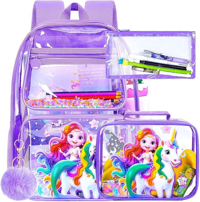 3Pcs Clear Backpack for girls, 16" Mermaid Unicorn Transparent Bookbag, Large See Through PVC School Backpacks with Lunch Box(Purple)