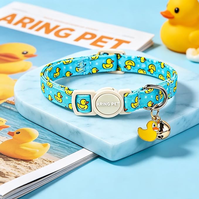 ARING PET 2 Pack Cat Collars with Bell, Cute Summer Soft Cotton Kitten Kitty Breakaway Cat Collars for Boy Girl Cats-Dinosaur & Duck