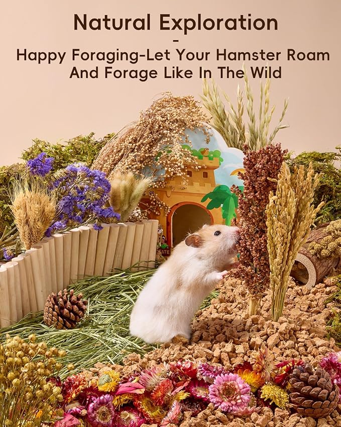 BUCATSTATE Natural Hamster Bedding - Flowers & Herbs & Sprays for Cage Habitat Decor - Treat Cereal Grain for Dwarf Syrian Gerbils, Mice, Rat, Forage, Enrichment (90PCS)