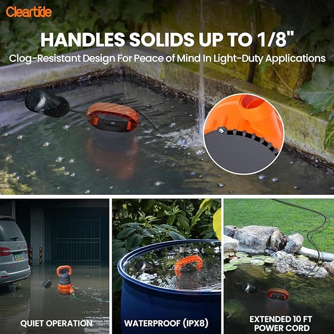 Cleartide Submersible Water Utility Pump with Float Switch, 8160 LPH High Flow,100% Copper Motor, Ideal for Yard and Flooded Cellar, Hot Tub, Garden Irrigation,10 FT Cord