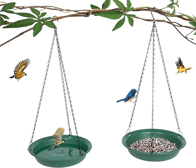 VUWEZ Hanging Bird Feeder & Bath for Outdoors, Wild Bird Feeders Tray, Hanging Birdfeeder Birdbath for Outside, Cardinal, Blue Jay, Crow, Birdfeeders Trays (10", 1 Pcs with Hole & 1 Pcs No Hole)