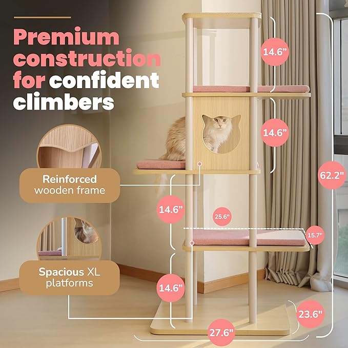 Modern Large Cat Tree, 62" Tall with XL 25.6" Platforms, 60 lbs Heavy Build — Redefining Cat Furniture with Stability, Space & Style for Big Cats (Pink)