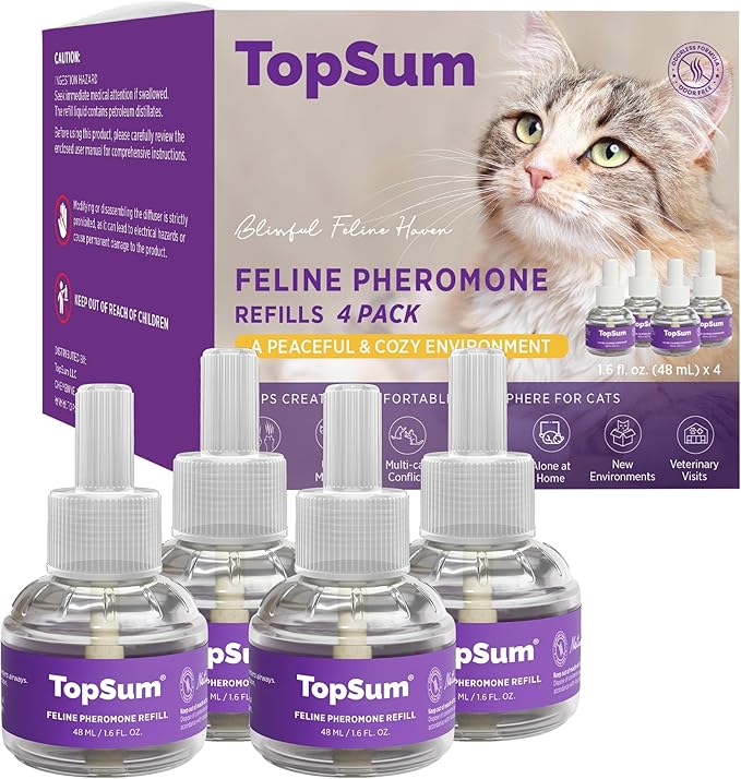 TopSum Cat Calming Pheromone Diffuser: Feline Pheromones Plug in for Stress, Along At Home, Spraying, Fighting, Scratching, Aggression & Excessive Meowing (Purple– 4 Refills)