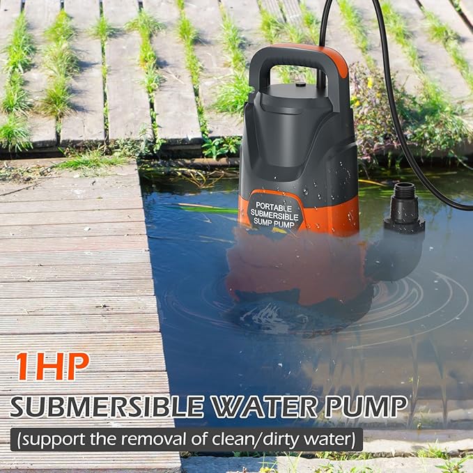 Sump Pump 1HP Clean/Dirty Submersible Water Draining Pump 4500GPH Electric Portable Water Transfer Pumps for Pool Basement Garden Spa Hot Tubs Pond Flood Yard, Orange