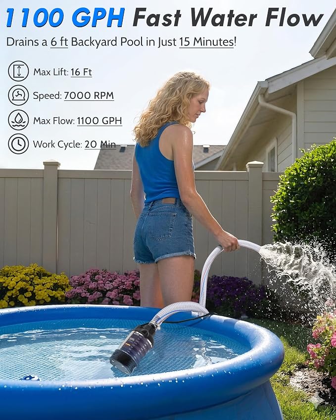 12V DC Submersible Water Transfer Pump w/ 6.6ft Water Hose, Power Button and Battery Clamps, 1100GPH Battery Powered Sump Pump, Portable Submersible Utility Pump for Camping, Rain Barrel