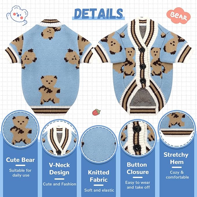 ABRRLO Small Dog Sweaters Cute Bear Dog Cardigans Clothes for Small Medium Dogs Boy Girl Puppy Cat Knitting Cardigan Outfits Dogs Winter Coats Warm Pet Doggy Clothes Soft Knitwear Apparel (Blue,S)