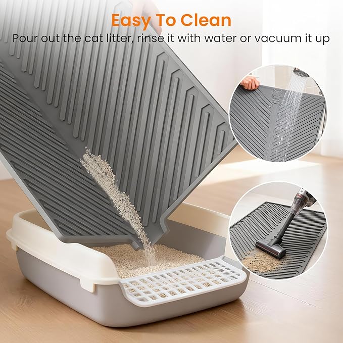 Cat Litter Mat, Large 34" x 22" Litter Trapping Mat, Silicone Litter Mat for Litter Box, Waterproof Foldable & Easy Clean, Scatter Control, Soft on Paws, Gray