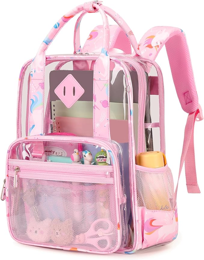 MOONBABY Small Clear Backpack for School Transparent Bookbag for Kids Heavy Duty PVC See Through Backpack Stadium Approved