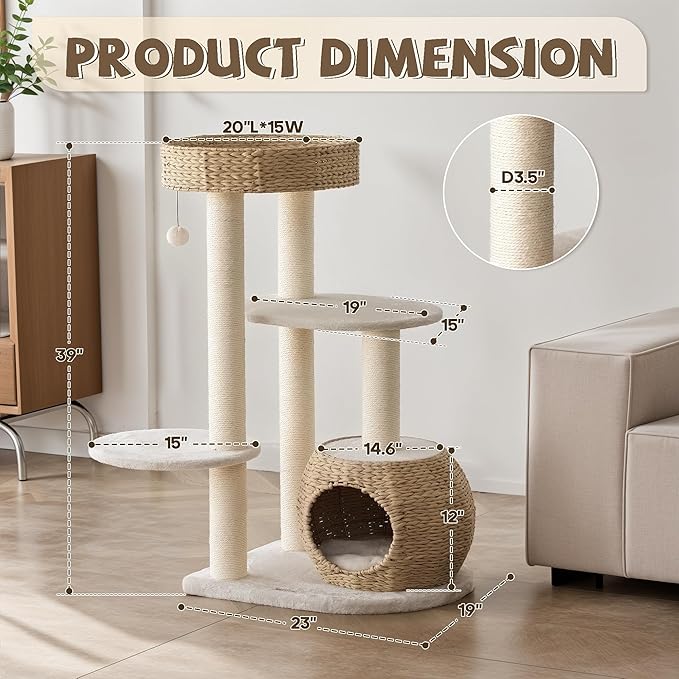 KAMABOKO Modern Cat Tree, Cat Trees for Indoor Cats w/Natural Sisal Scratching Posts, Hand-Woven Condo & Top Perch, 39" Tall Cat-Tree for Kittens Climb Play & Rest