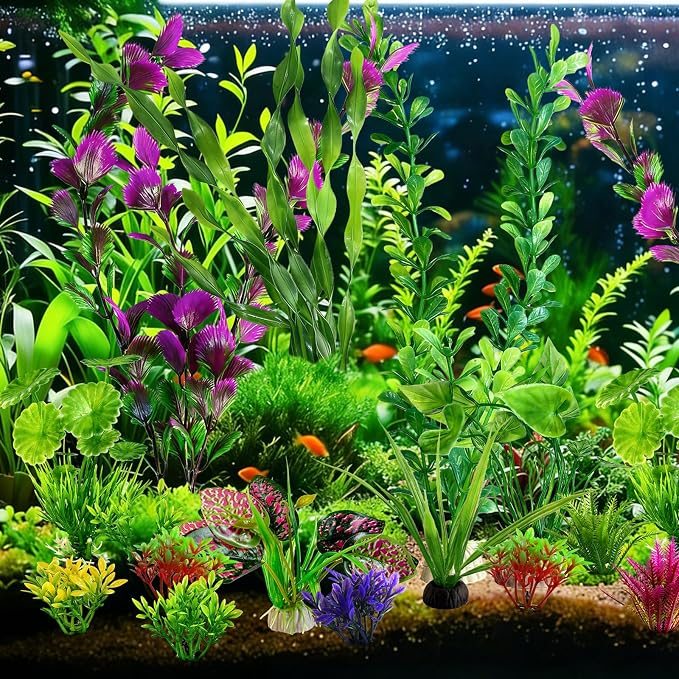 Artificial Aquarium Plants Realistic Green Plastic Fish Tank Decorations | 22Pcs Natural-Looking Aquatic Plants Decor for Betta, Goldfish and Freshwater Aquariums