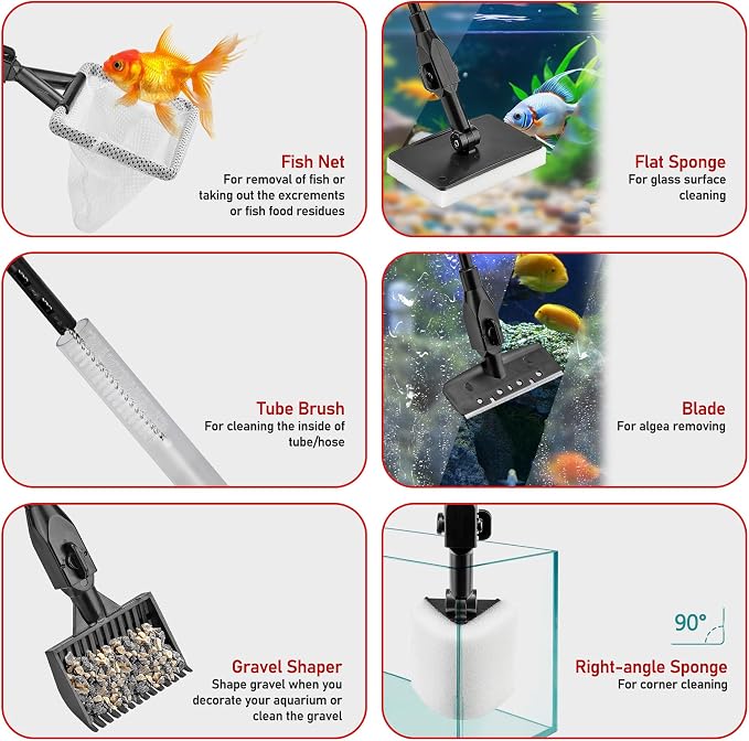 6 in 1 Aquarium Cleaning Tool Algae Scraper for Fish Tank Cleaning | Professiona Fish Tank Cleaning Tool Including Brush Sand Rake Pad with Telescopic Handle Tank Glass Cleaner Kit