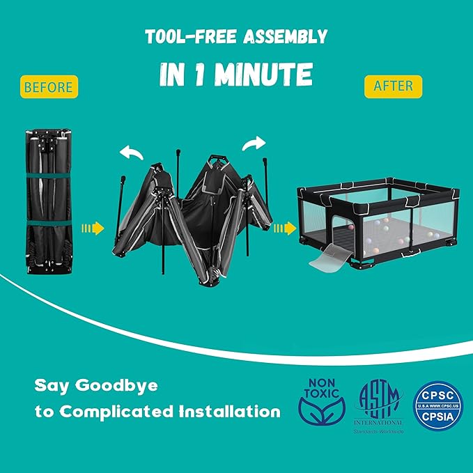 ICAREWAY Foldable Playpen for Babies and Toddlers, 71x59 Inches Portable Playpen, Kids Collapsible Play Pen with 2 Handlers, Indoor & Outdoor Baby Play Area with Visible Mesh (Black)