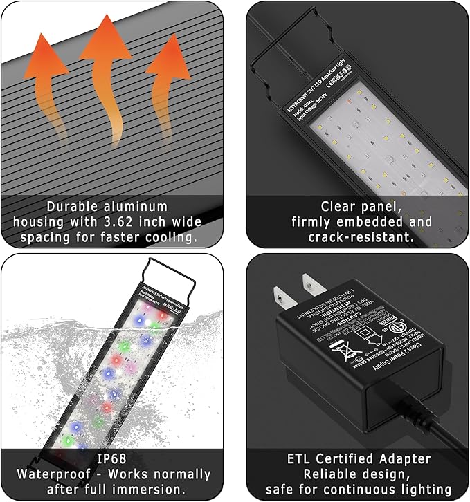 24/7 LED Aquarium Light with Remote for 12-18 Inch Plant & Fish Tank IP68, 12-Color & Gradient & Full Spectrum Light with Timer, Auto On/Off, Brightness, Extendable Brackets for Freshwater