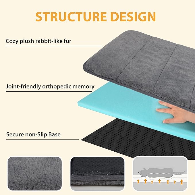 Dog Crate Pad for Large Dog - 35x23 Memory Foam Dog Bed, Washable & Anti-Slip Dog Bed Mat, Ultra Soft Kennel Pad for Dogs Cozy Sleeping Mat, Grey
