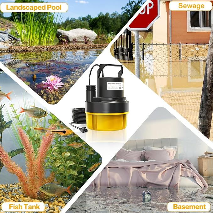 AgiiMan 3500GPH Pool Cover Pump, 1HP Submersible Sump Pump, Yellow | 25FT Power Cord, 17FT Lift, IPX8 Thermoplastic Housing, Thermal Protection, Low Suction for Pools, Basements and Ponds