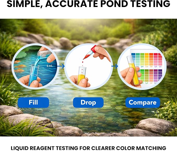 Half Off Ponds 4-in-1 Water Quality Test Kit | 215 total tests, Measures pH and Ammonia, Nitrite, Phosphate, Glass tubes, Freshwater aquariums