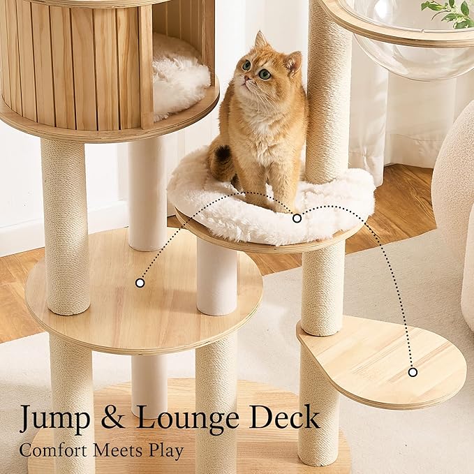 797Audio Wood Modern Cat Tree, 65" Cat Tower with Sisal Scratching Posts, Cat Condo, Capsule and Bed, Solid Wooden Aesthetic Multi-Level Cat Climbing Tree for Large Adult Indoor Maine Coon Cats-White