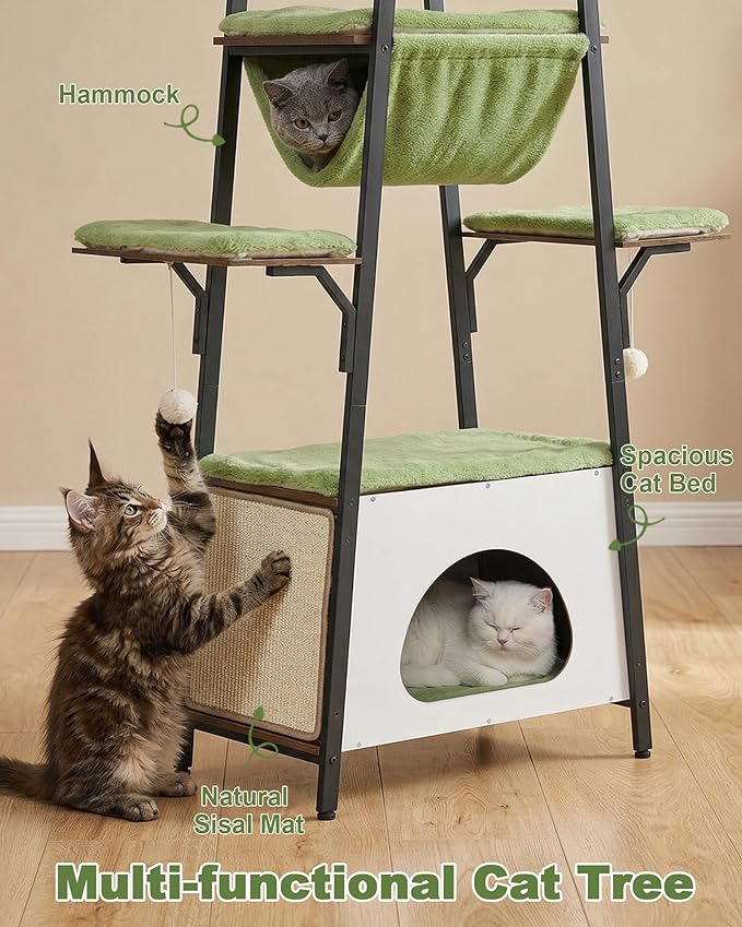 74-Inch Modern Cat Tree Tower for Large Cats, Multi-Level Cat Tower with Scratching Board, Large Perch, Hammock, Removable Pads, Green