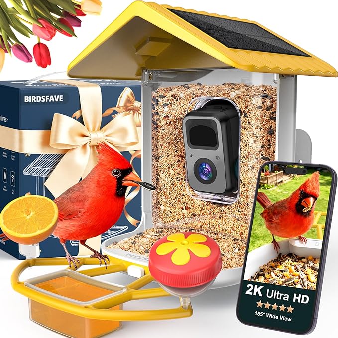 Bird Feeder with Camera Solar Powered, 2K Live Arrival Alert Auto Capture Video with 32GB TF Card, AI Identify Smart Camera Bird Feeder Ourdoor Backyard Gift for Mom Dad Birdlover, 2.4G WiFi
