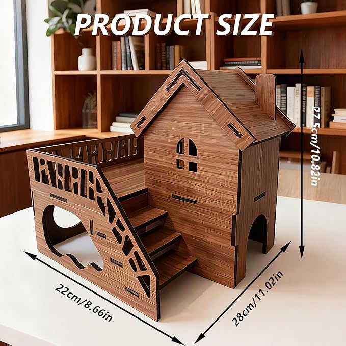 Wooden Hamster Cage, Multi-Chambered Natural Wood Hamster House with Underground Platform & Balcony, Chewable Maze-Like Habitat for Hamsters, Mice, Dwarf Hamsters