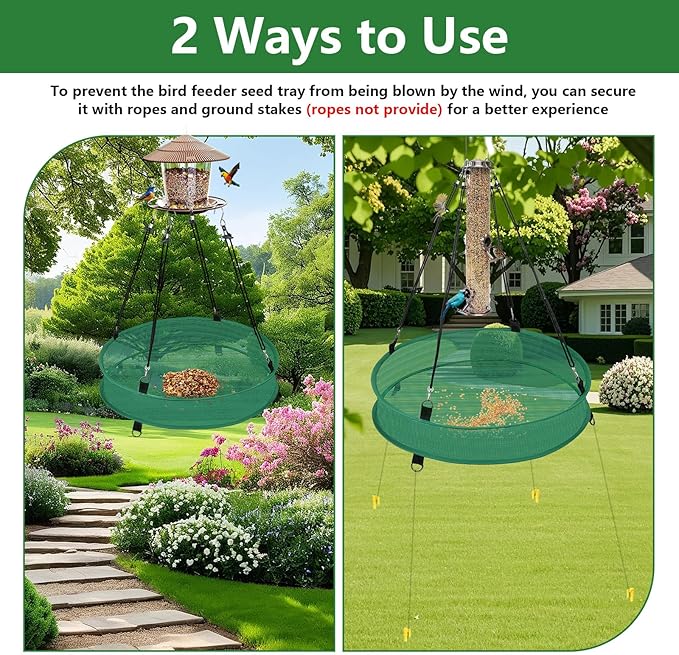 Lettry 2Pcs Bird Seed Catcher Tray with 8pcs Plastic Stakes for Hanging Bird Feeder Platform, Birdseed Hoop for Outdoor Garden Hanging Tray (Green, 18inch)