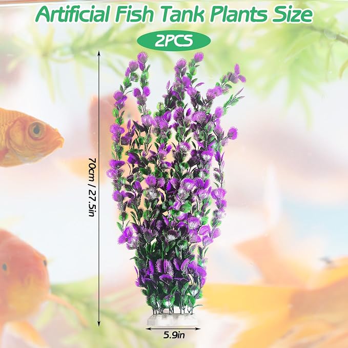 Hamiledyi Purple Green Serrated Leaf Tall Aquarium Plastic Plants Artificial Fish Tank Plant Aquarium Decor Extra Large Lifelike Aquatic Plant Suitable for Saltwater and Freshwater 27.5-inch Tall 2Pcs