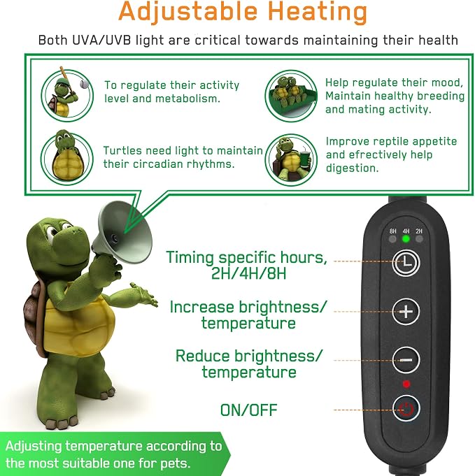 Timed Reptile Heat Lamp with Clamp, Adjustable UVA/UVB Basking Light, 360° Rotatable Clip and Power Adapter for Aquarium (Bulb Included)