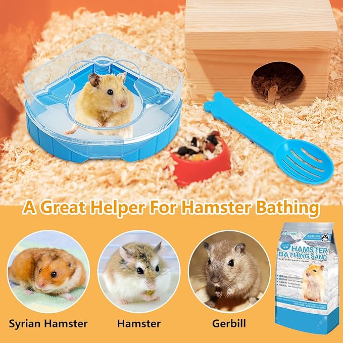 kathson Hamster Sand Bath Kit, 2LB Bathing Sand for Gerbils with Plastic Sandbox Chinchilla Cleaning Powder Dust Free Small Animals Showering Sand for Rodent Mice Rat Mouse