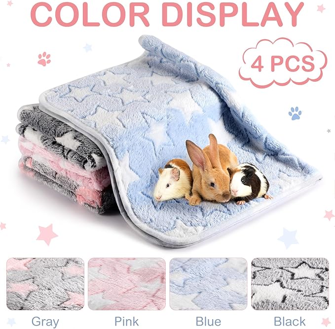 Reginary 4 Pcs Waterproof Guinea Pig Blankets Washable Small Animal Fleece Bedding Guinea Pig Cage Liners Reusable Training Pads Pet Pee Pad Sleep Mat for Hamster(Cute Star Pattern,24 x 47 Inch)