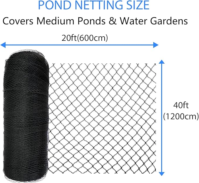 Koi Pond Netting Kit 20 x 40 FT, 3/8" Heavy Duty Woven Mesh Pond Net Cover for Leaves with 12 Stakes, HDPE Pool Netting Protecting Fish from Herons Birds Cats, Black
