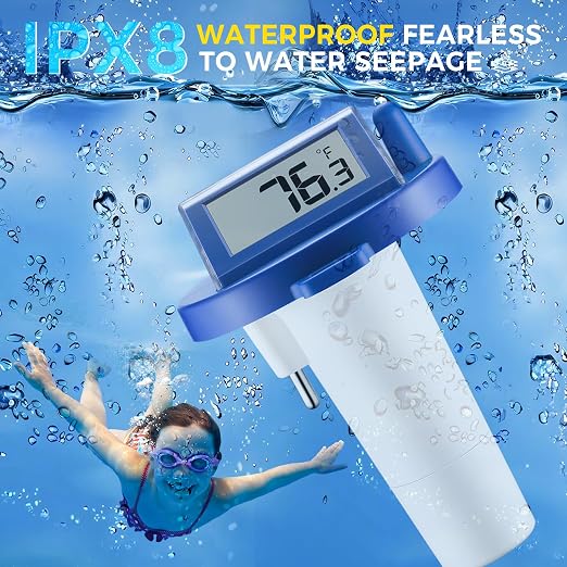Solar Wireless Floating Pool Thermometer - Upgraded IPX8 Waterproof Easy Read Digital Thermometer with Time, Indoor Temperature & Humidity Monitor for Swimming Pools, Spas, Hot Tubs (Dark Blue 1pack)