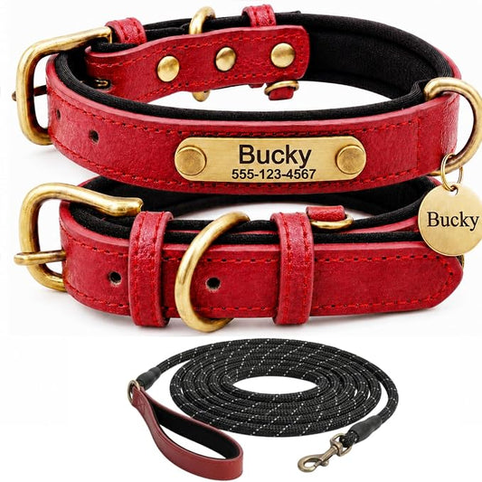 Leather Dog Collar Personalised and Leash Set, Personalized with Soft Padded Design Heavy Duty Featuring Custom Engraved Name Plate for Small Medium and Large Dogs