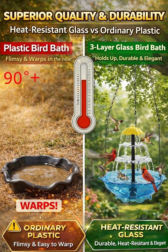 Solar Cascade Hanging Bird Bath Fountain, 2026 New Outdoor Hanging Bird Bath with Solar Fountain, Large Humming Birds Baths Fountains, with Solars Pump & Glass Bowl, for Outdoor, Gardens (#3)