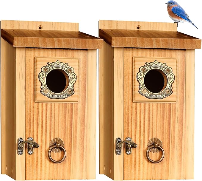 SISTERBIRD Premium Pack of 2 Bluebird Houses for Outside, Garden Bird Houses for Outdoor, Vintage Metal Predator Guard, Birdhouse Gift, Weatherproof Coating Bird Nesting, Assembly Required
