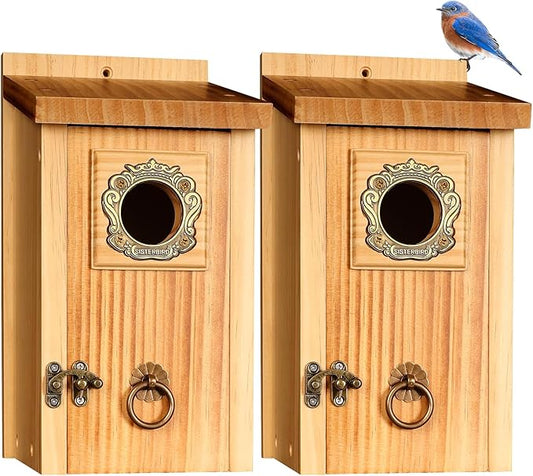 SISTERBIRD Premium Pack of 2 Bluebird Houses for Outside, Garden Bird Houses for Outdoor, Vintage Metal Predator Guard, Birdhouse Gift, Weatherproof Coating Bird Nesting, Assembly Required