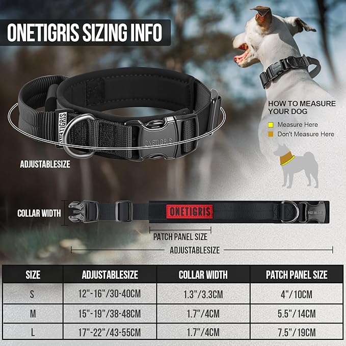 OneTigris Tough Dog Collars, Tactical Dog Collar with Handle, Milltary Adjustable Dog Collar with Heavy Duty Metal Buckle for Training (Medium (Pack of 1), Black)