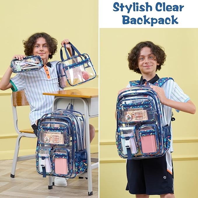 Fimibuke Clear Backpack for Boys, 3PCS Heavy Duty PVC Transparent Boys Backpack with Lunch Box & Pencil Case, School Stadium Event Approved Toddler School Bookbag for Preschool Kindergarten Elementary