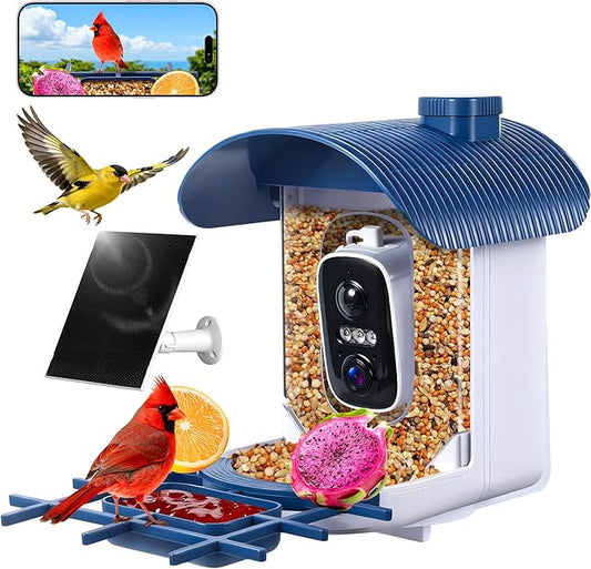 Smart Bird Feeder with Camera : 2K HD Video Live Stream, AI Birds Species Identification ＆ Instant Arrival Alerts, Solar Bird Feeder Camera for Outdoor Backyard - Ideal Gifts for Mom Dad Birdlovers