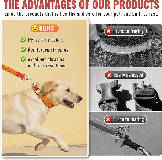 Dog Collar and Leash Set with Metal Quick Release Buckle, Adjustable, Breathable Nylon, Durable, Soft and Comfortable, No Pull for Walking and Training, Orange, XL (16.9"-26")