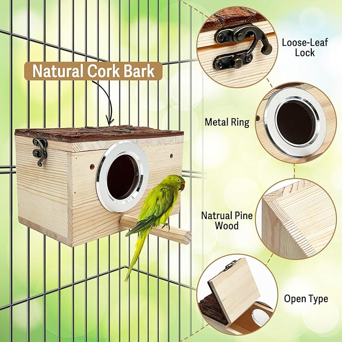 Tfwadmx Parakeet Nesting Box Wooden Parrot Nest Cockatiel Nesting Bird Breeding Box House with Perch for Parrot Parakeet Cockatiel Lovebirds Budgie Conure