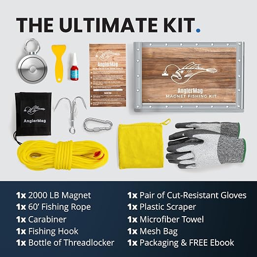 AnglerMag™ Magnet Fishing Kit - 2000 lbs Double Sided Neodymium Magnetic Fishing Stuff with Rope - 10 PCS Extra Strong Complete Gift Set with eBook, Carabiner, Gloves, Grappling Hook & Carrying Bag