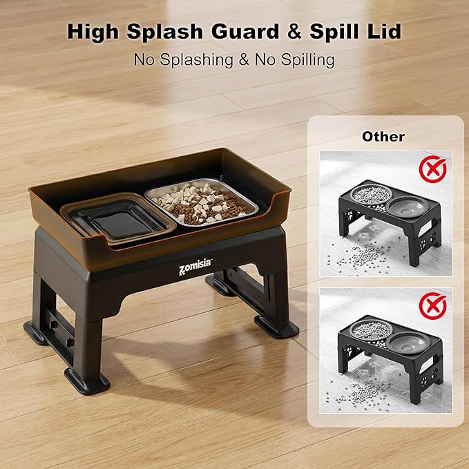 ZOMISIA 3-in-1 Raised Dog Bowl - 6 Height Adjustable Elevated Dog Bowls, Double Deck Design Mess Proof, Feeding Station with 2L No Spill Stainless Steel Bowls & Licking Plate for Medium Large Pets