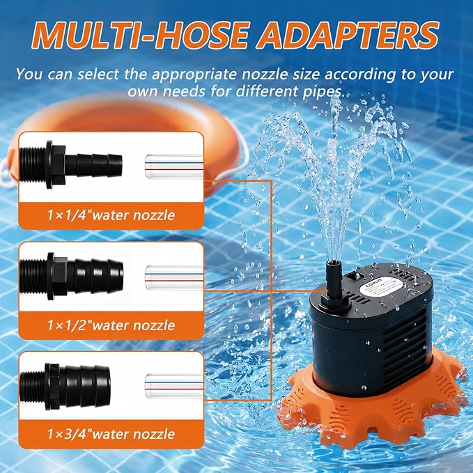 Pool Cover Pump Above Ground, 850 GPH Submersible Sump Pump for Pool Drain | 16FT Drain Hose, 25FT Power Cord, 3 Adapters, Safety and Sturdy, Powerful Water Removal for Pool Cover and Above Ground Pool