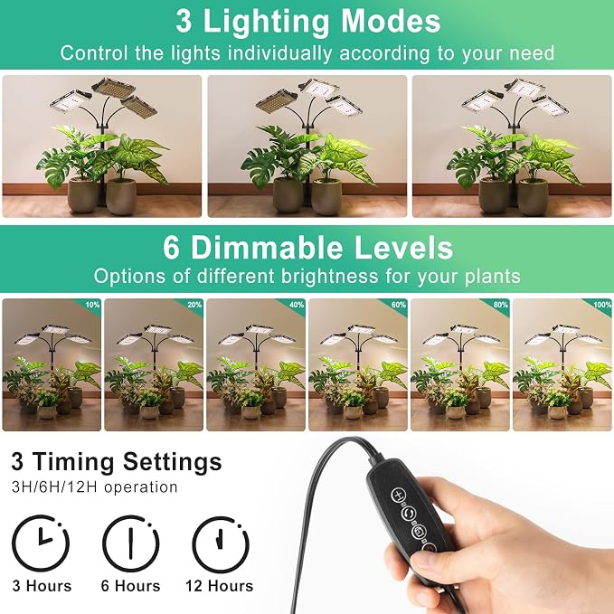 LBW Grow Light for Indoor Plant,Full Spectrum Dual Heads Desk Plant Light | 3H/6H/12H Timer Grow Lamp,6-Level Brightness, 3 Lighting Mode, Height Adjustable, Flexible Gooseneck, Ideal for Indoor Growth