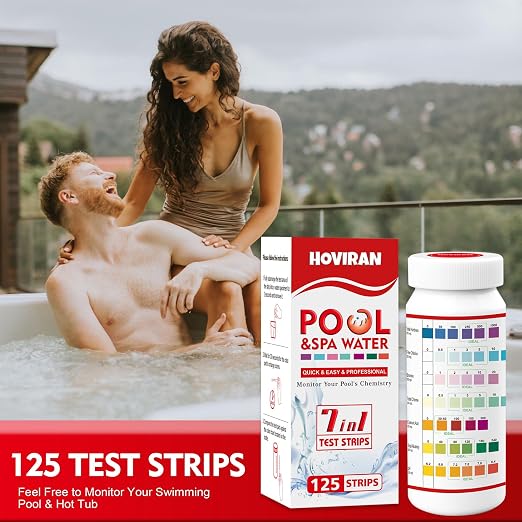 Pool Test Strips 7 Way, Quick Pool and Spa Test Strips 125ct Hot Tub Test | Reliable Water Testing Kit for Bromine, Total Alkalinity, pH, Free Chlorine, Total Hardness, Cyanuric Acid and Total Chlorine