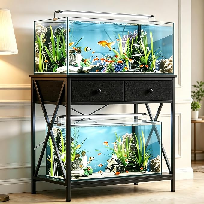 Fish Tank Stand with Drawer,40-50 Gallon Aquarium Stand Easy Assemble | Stable Metal Frame, 2-Tier Breeder Reptile Turtle Terrarium Stand Fits Office Room Home, Adjustable Feet, Accessories Storage