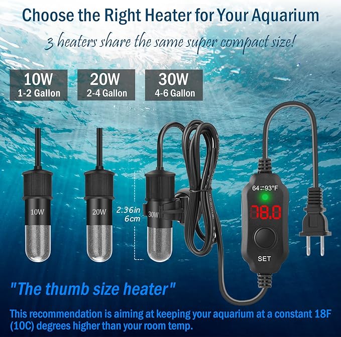 10W Mini Aquarium Heater for 1-2 Gallon Tanks | Submersible Fish Tank Heater with Digital Thermostat, Dry-Run & Overheat Protection, Memory Function
