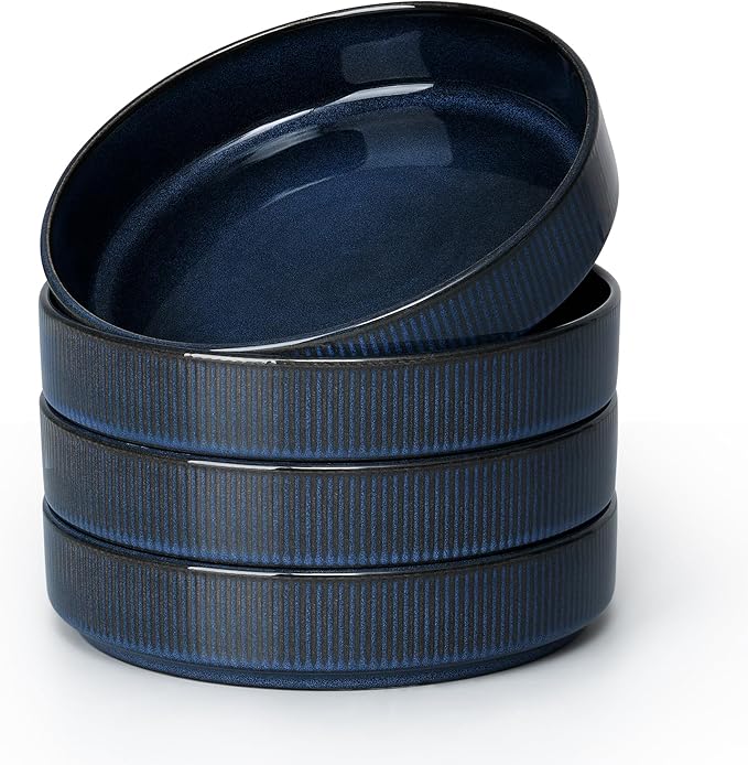E-far Pasta Bowls Set of 4, 35oz Large Salad Bowl Plate for Dinner Serving, Wide & Shallow Ceramic Stoneware Pasta Plates, Microwave & Dishwasher Safe, Reactive Glaze Textured Stripes, Dark Blue
