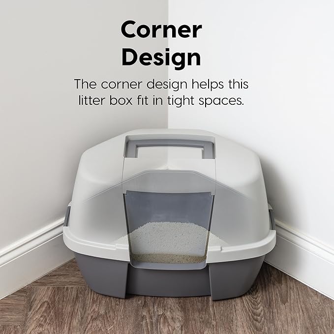 IRIS USA Cat Litter Box - Enclosed Corner Litter Box with Scoop, Hooded Litter Tray for Corners, Space-Saving Covered Litter Box, Odor Defensive, Dark Gray