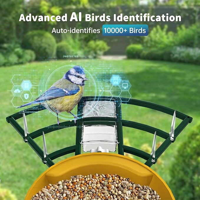 Smart Bird Feeder with Camera Solar Powered & AI Bi rd Identification, 2.4Ghz WiFi Bird feeders for Outdoors, 2K Live Video, Instant Arrival Alerts - Green-Yellow